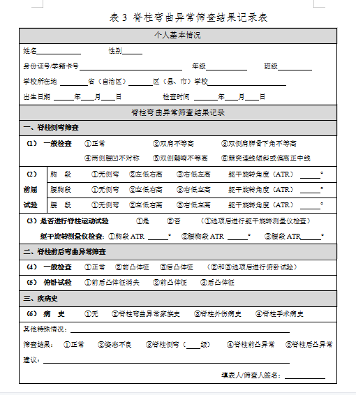 脊柱彎曲異常篩查結(jié)果記錄表